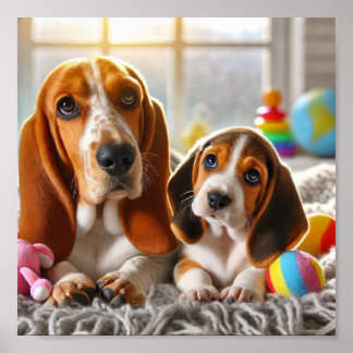 Basset Hound Mom und ihr Welpen Poster