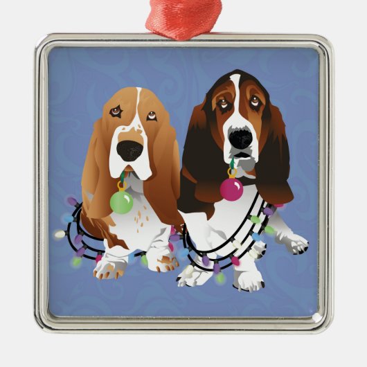 Basset Hound Peace Liebe Freude Weihnachtsdesign Silbernes Ornament (Vorne)