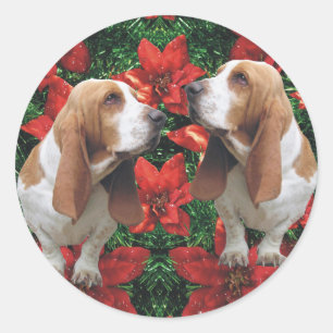 Basset Hound-Poinsettia-Weihnachten Runder Aufkleber