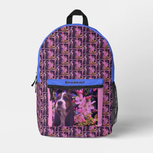 Basset Hound Puppy-Blume Personalisiert Bedruckter Rucksack (Vorderseite)
