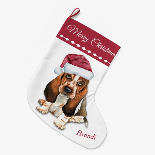 Basset Hound Puppy Snowflake Muster Großer Weihnachtsstrumpf (Vorderansicht (hängend))