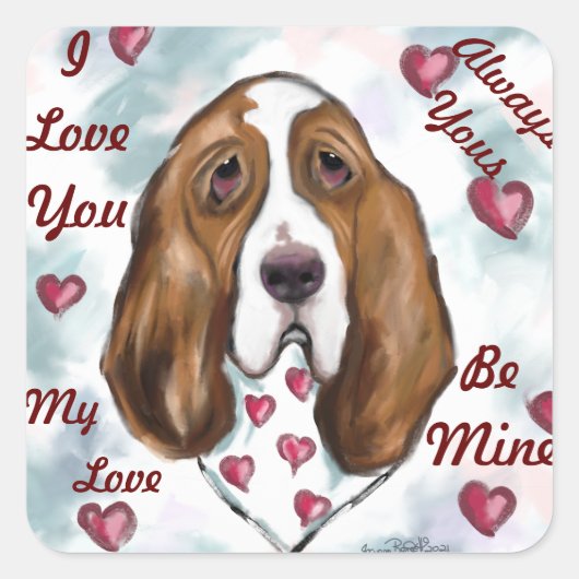 BASSET HOUND QUADRATISCHER AUFKLEBER (Vorderseite)