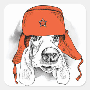 Basset Hound Red Ushanka Hat Quadratischer Aufkleber