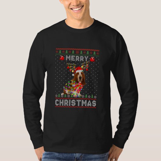 Basset Hound Reindeer Frohe Weihnachtsbeleuchtung T-Shirt (Vorderseite)