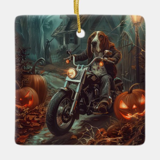 Basset Hound Riding Motorrad Halloween Beängstigen Keramikornament (Vorderseite)