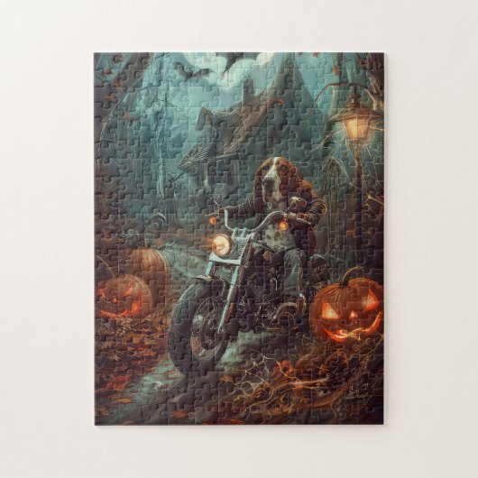 Basset Hound Riding Motorrad Halloween Beängstigen Puzzle (Vertikal)