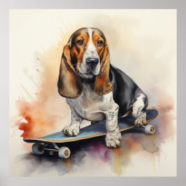 Basset Hound sitzt auf Skateboard Poster