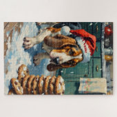 Basset Hound Sniffing Christmas Cookie Trail Hat Puzzle (Horizontal)