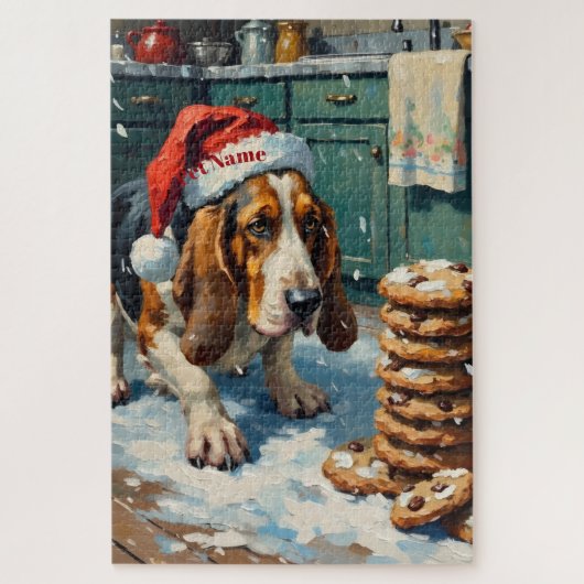 Basset Hound Sniffing Christmas Cookie Trail Hat Puzzle (Vertikal)