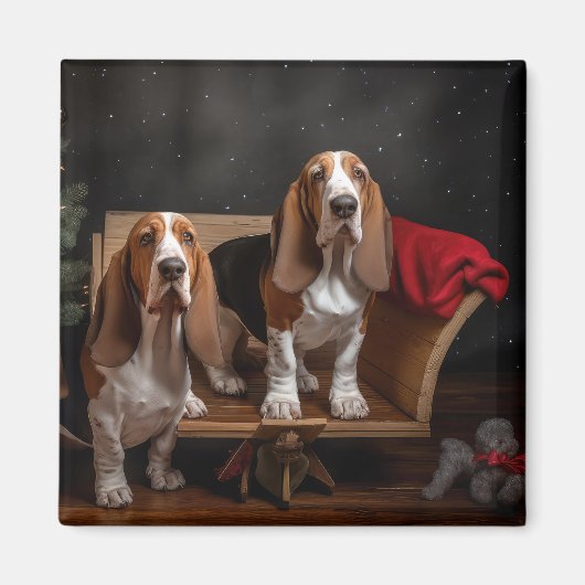 Basset Hound Snowy Sleigh Weihnachtsdekor Magnet (Vorne)