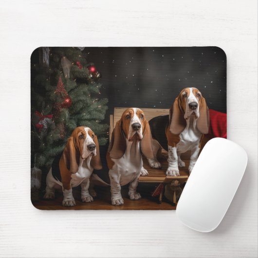 Basset Hound Snowy Sleigh Weihnachtsdekor Mousepad (Mit Mouse)