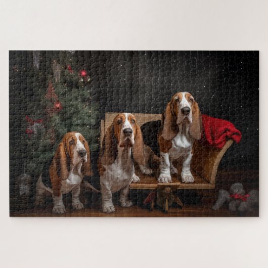 Basset Hound Snowy Sleigh Weihnachtsdekor Puzzle (Horizontal)