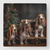 Basset Hound Snowy Sleigh Weihnachtsdekor Quadratische Wanduhr (Vorderseite)