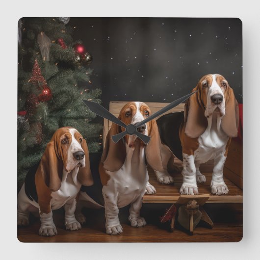 Basset Hound Snowy Sleigh Weihnachtsdekor Quadratische Wanduhr (Vorderseite)