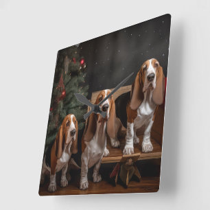 Basset Hound Snowy Sleigh Weihnachtsdekor Quadratische Wanduhr