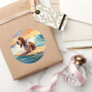 Basset Hound Strand Surfen Malerei Runder Aufkleber