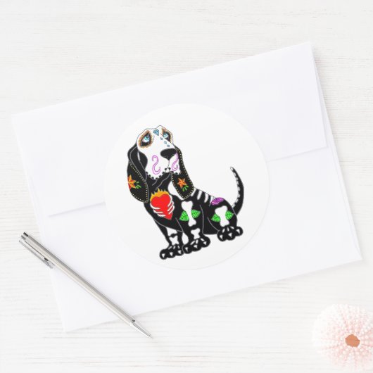 Basset Hound Sugar Skull Runder Aufkleber (Umschlag)