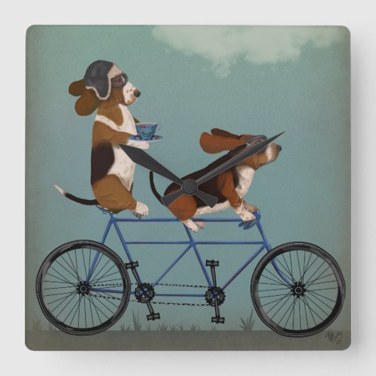 Basset Hound Tandem Quadratische Wanduhr (Vorderseite)