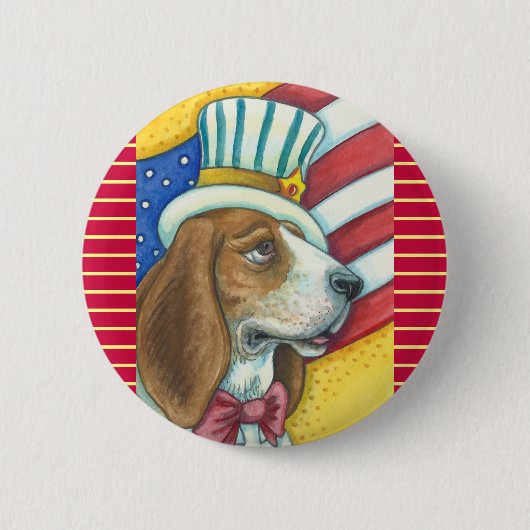 BASSET HOUND UNCLE SAM, PATRIOTIC DOG BUTTON Round (Vorderseite)