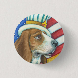 BASSET HOUND UNCLE SAM, PATRIOTIC DOG BUTTON Round