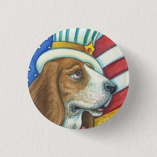 BASSET HOUND UNCLE SAM, PATRIOTIC DOG BUTTON Round (Vorderseite)