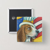 BASSET HOUND UNCLE SAM, PATRIOTIC DOG BUTTON Squ (Vorne & Hinten)