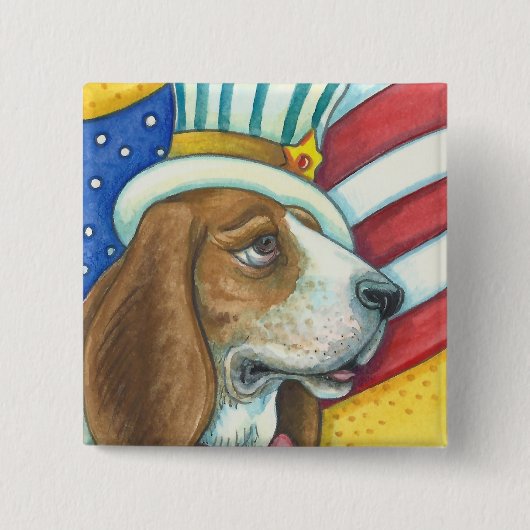 BASSET HOUND UNCLE SAM, PATRIOTIC DOG BUTTON Squ (Vorderseite)