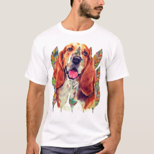 Basset Hound Water Color Feathers T-Shirt