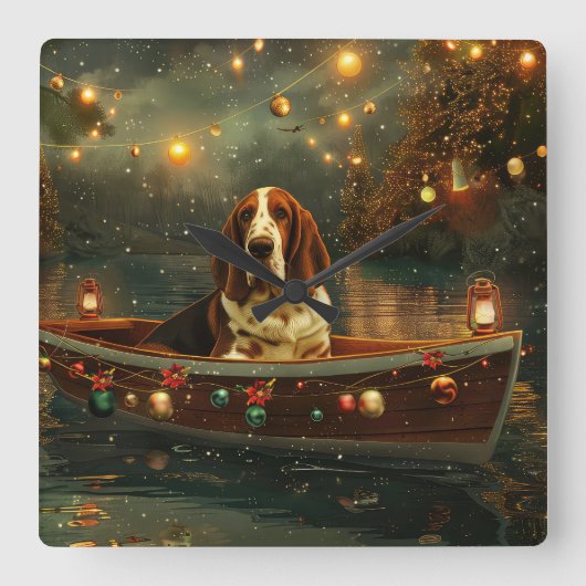 Basset Hound Weihnachtsfest Reise Quadratische Wanduhr (Vorderseite)
