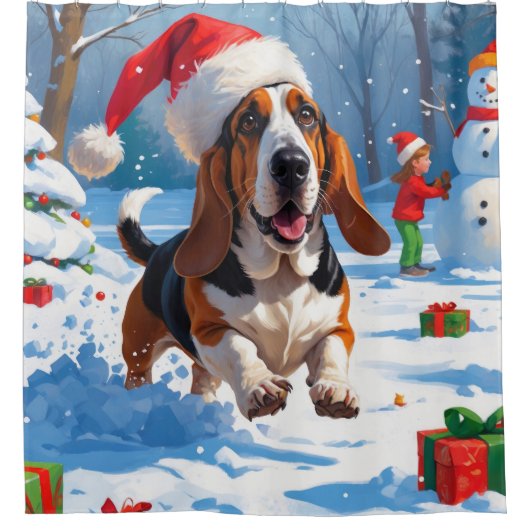 Basset Hound Weihnachtsfest Schneeszene Duschvorhang (Vorderseite)