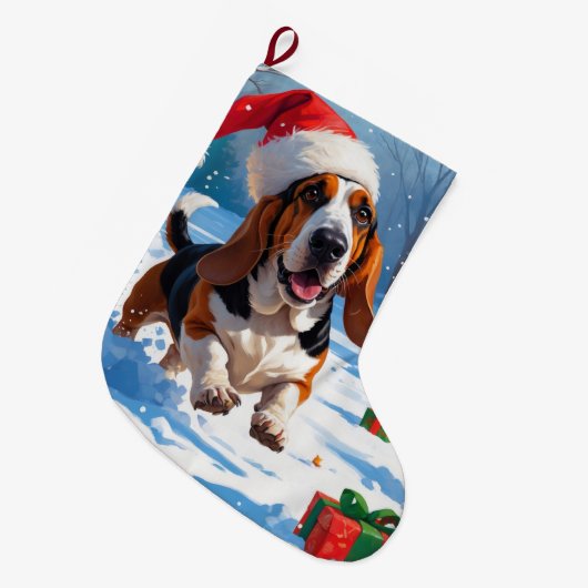 Basset Hound Weihnachtsfest Schneeszene Großer Weihnachtsstrumpf (Vorderansicht (hängend))