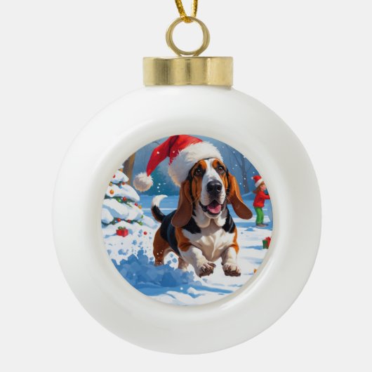 Basset Hound Weihnachtsfest Schneeszene Keramik Kugel-Ornament (Vorderseite)