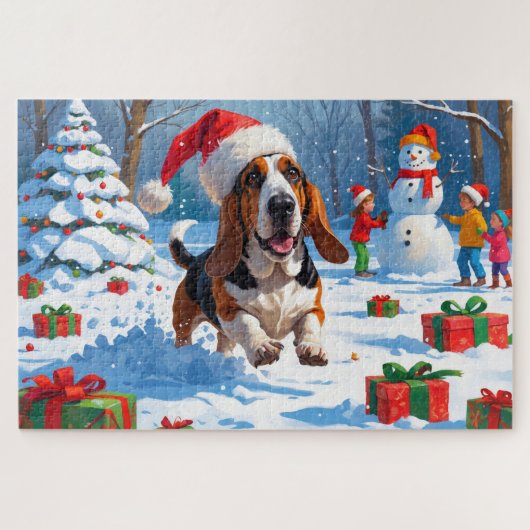 Basset Hound Weihnachtsfest Schneeszene Puzzle (Horizontal)