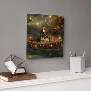 Basset Hound Weihnachtsfestliche Reise Quadratische Wanduhr