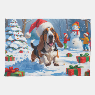 Basset Hound Weihnachtsfestliche Schneeszene Geschirrtuch