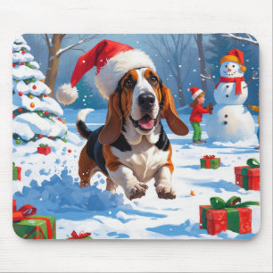 Basset Hound Weihnachtsfestliche Schneeszene Mousepad
