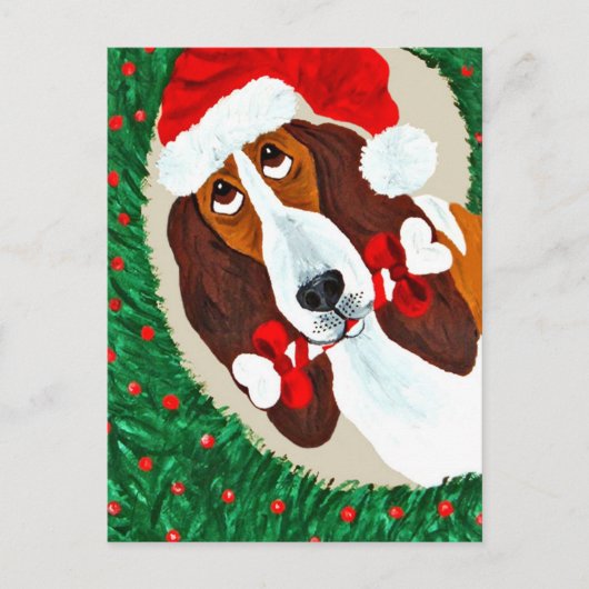 Basset Hound Weihnachtskranz Feiertagspostkarte (Vorderseite)