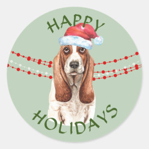 Basset Hound Weihnachtsmannmütze Happy Holidays Runder Aufkleber