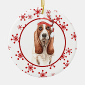 Basset Hound Weihnachtsmannmütze Red Snowflake Keramik Ornament (Vorne)