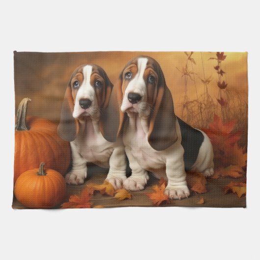 Basset Hound Welpe Herbst Delight Pumpen Geschirrtuch (Horizontal)