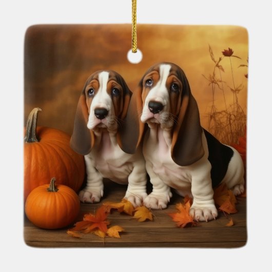 Basset Hound Welpe Herbst Delight Pumpen Keramikornament (Rückseite)