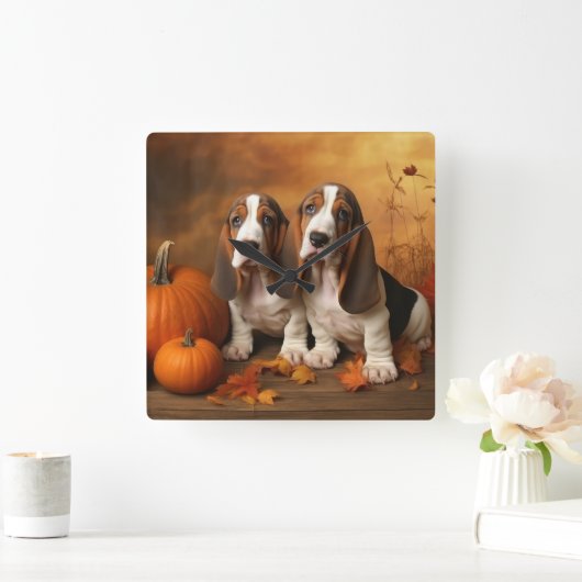 Basset Hound Welpe Herbst Delight Pumpen Quadratische Wanduhr (Zuhause)