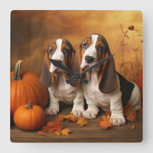 Basset Hound Welpe Herbstfreude Kürbis  Quadratische Wanduhr