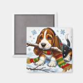 Basset Hound Welpe im Schnee mit Scarf und Zweig Magnet (Vorderseite/Rückseite)