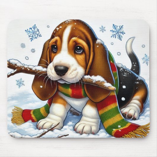 Basset Hound Welpe im Schnee mit Scarf und Zweig Mousepad (Vorne)