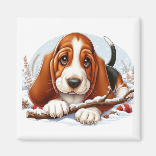 Basset Hound-Welpe in einer schneebedeckten Winter Magnet