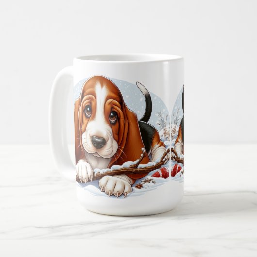 Basset Hound Welpe in Snowy Winter Szene Kaffeetasse (Vorderseite Links)