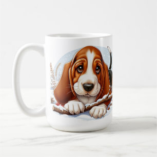 Basset Hound Welpe in Snowy Winter Szene Kaffeetasse