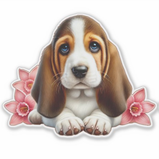 Basset Hound Welpe mit Blume Aufkleber (Vorderseite)