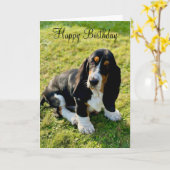 Basset Hound Welpen Hund Happy Birthday Karte (Gelbe Blume)